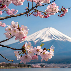 Cherry blossom on branches, snow-capped mountain in the background.