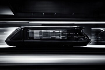 Futuristic train in motion with high contrast lighting and negative space on left