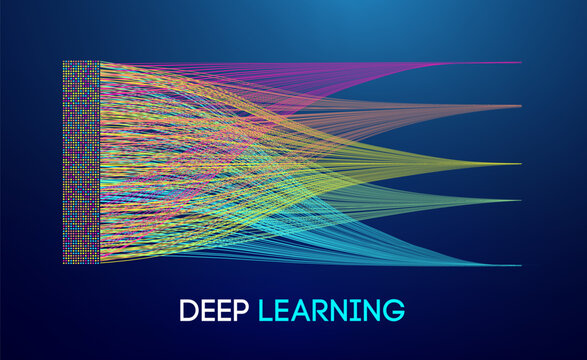 Abstract deep learning visualization with colorful data streams, structured information flow, and neural network representation on a dark background, symbolizing artificial intelligence, machine
