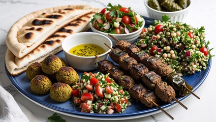 Traditional Middle Eastern Dish Platter with Falafel, Hummus, and Veggies

