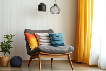 Stylish living room with a mid-century modern chair, colorful pillows, and a unique knot cushion, creating a cozy and contemporary space. Mock up poster.