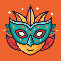 Colorful Carnival Mask Illustration on Orange Background, Flat vector illustration of a festive carnival mask with teal, yellow, and red colors, perfect for party themes or event branding.
