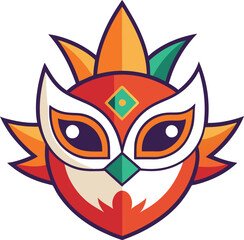 Bold Tribal Owl Mask Logo in Flat Style, Flat vector illustration of a colorful owl-inspired tribal mask with geometric shapes and feathers, perfect for logos or fantasy themes.
