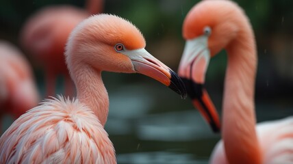 Fototapeta premium Flamingos gracefully stand tall, feathers shimmering with pink hues amidst watery backdrop