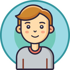 Smiling Cartoon Avatar of Boy in Circle Background, Flat vector illustration of a smiling young boy with light brown hair and grey shirt, set in a circular frame, perfect for profiles.
