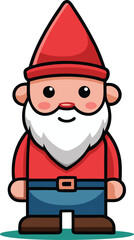 Smiling Cartoon Gnome in Red and Blue Clothes, Flat vector illustration of a cheerful garden gnome with a red hat, blue pants, and white beard, perfect for fun or fantasy themes.
