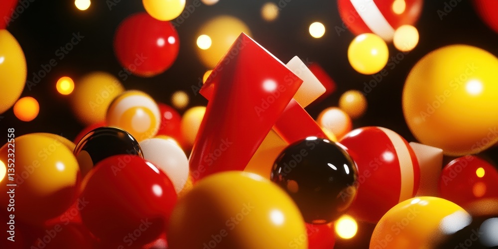 Poster floating spheres and angular shapes comprise a colorful abstract composition