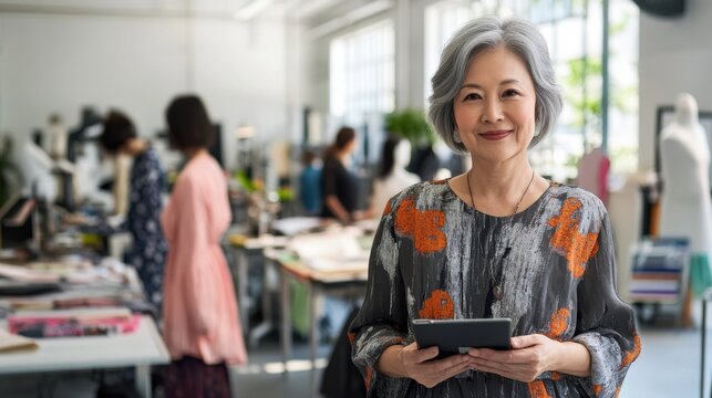 Confident senior designer in a modern fashion studio holding a tablet. Creative workspace, textile samples, and mannequins in the background.