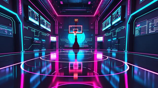 Futuristic basketball court with neon lights digital screens and holographic scoreboard in high-tech sports arena

