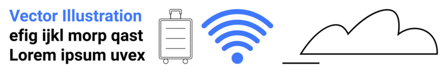 Travel suitcase, wireless signal icon, and cloud image representing digital connectivity, data sharing, and mobility. Ideal for travel, technology, cloud services, remote work digital security
