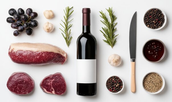 Fresh Ingredients Spread with Red Wine, Culinary Elements, Meat Cuts, Spices, Vegetables, Grapes, and Herbs for Gourmet Cooking and Fine Dining Preparation