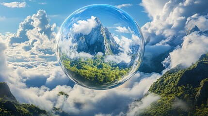 Fototapeta premium Transparent crystal glass ball reflecting snow mountain and fluffy white clouds against bright clear blue sky, natural mountain landscape perspective and eco-friendly earth protection mindfulness life
