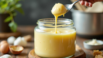 A hand stirring a jar filled with creamy yellow substance, likely beef tallow.