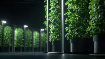 Abstract concept of vertical farming progress, glowing towers filled with plants, advanced technology optimizing growth