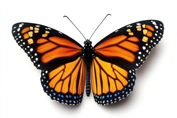 Obraz premium Monarch butterfly wings spread, white background, nature, studio shot, design element.