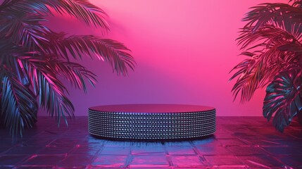 a blue and pink neon background with palm trees 