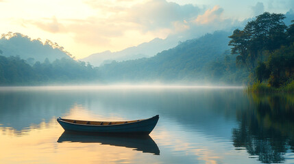 Wooden boat floating on calm misty lake surrounded by forested mountains at sunrise. Copy space