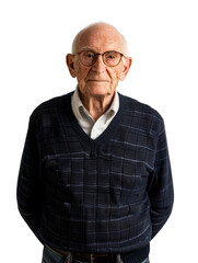 Obraz premium Thoughtful Elderly Man with Glasses in Navy Sweater Portrait Against White Background