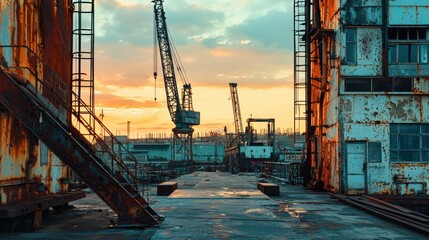 a rusty old dock with cranes 
