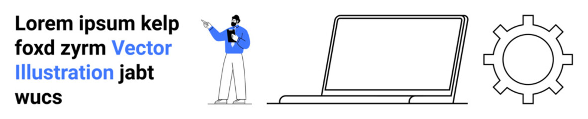 Man presenting with document, minimal laptop, cogwheel. Ideal for business, technology, education, training, innovation, analytics simple landing page