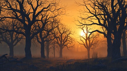 Mystical Sunrise Through Bare Trees Silhouette in a Foggy Forest