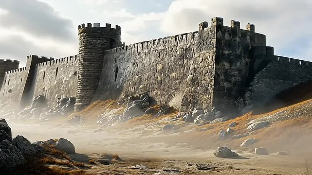 Ancient stone fortress wall stands tall against a cloudy sky, surrounded by rocky terrain