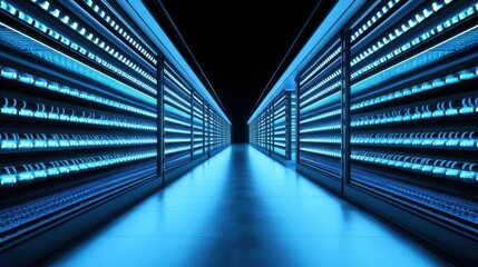 Obraz premium Futuristic greenhouse filled with towering vertical farm structures, glowing LED lights and advanced irrigation technology