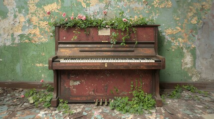 Overgrown Red Piano Against Weathered Green Wall
