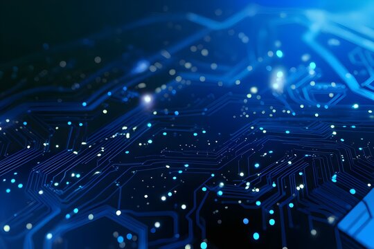 Abstract digital circuit board on blue tech background. Circuit connected lines and dots on motherboard. Dark tech gradient bg