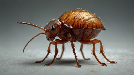 Detailed close-up of a shiny, amber-colored beetle with hairy legs on a smooth, neutral surface