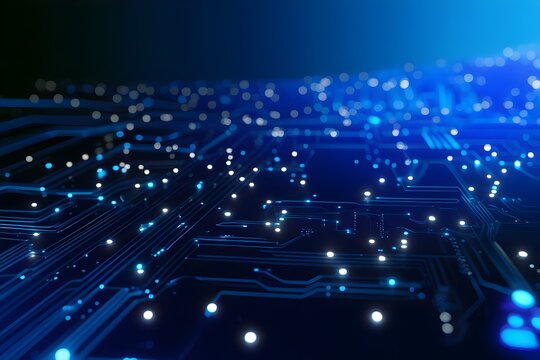 Abstract digital circuit board on blue tech background. Circuit connected lines and dots on motherboard. Dark tech gradient bg