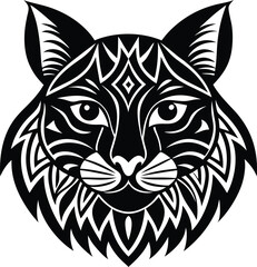 Black & White Bobcat Head Ornate Tribal Style Tattoo Design Isolated