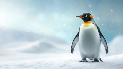 King Penguin Standing in Snowy Environment with Falling Snowflakes Around