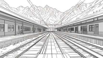Grayscale Train Station Platform with Mountain View