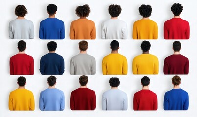 Diverse group of men facing away in colorful sweaters on a plain background showcasing fashion, style, and individuality, perfect for branding concepts.