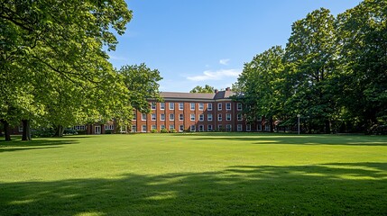 Sunny day on a college campus, showing a large brick building surrounded by lush green lawns and mature trees.