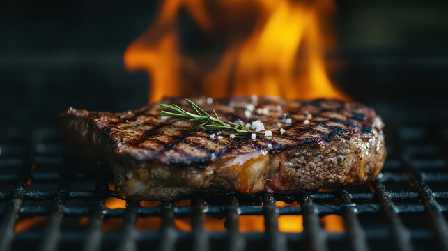 A sizzling Picanya steak on the barbecue grill, flames licking its edges and juices dripping down, releasing a rich and savory aroma into the air.