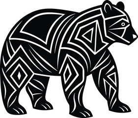Ornamental Bear Silhouette Ornate Patterned Walking Bear in Tribal Black and White