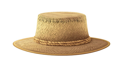 A high-angle, full shot of a straw boater hat. The hat is light beige or tan, made of woven straw with a visible textured surface.  It features a flat crown and a wide brim. A woven rope detail is