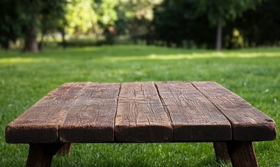 Fototapeta premium Rustic Wooden Table on Vibrant Green Grass in a Peaceful Outdoor Setting, Perfect for Picnics, Gatherings, and Relaxation in Nature's Embrace