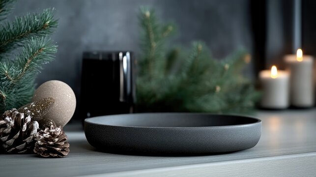Dark gray decorative dish with Christmas accents