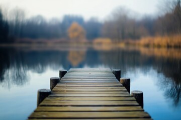 Fototapeta premium Lakeside dock in tilt-shift style with copy space