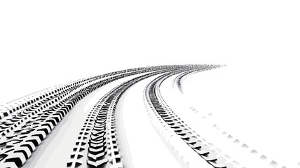 The image shows a monochrome close-up of tire tracks in the snow. The tracks curve gently to the right, creating a sense of depth and movement.  The background is entirely white, providing a stark