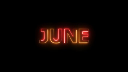 Glowing neon June month text background 4k illustration.