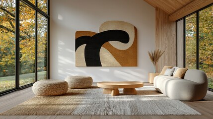 Discover serene Scandinavian style A soft, warm living room showcases handcrafted furniture and natural woven baskets for a cozy, inviting atmosphere Explore minimalist design principles, natural