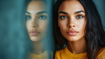 Obraz premium Half-body portrait of thoughtful young african american woman with curly afro hair resting chin on gloved hand and gazing upward, creative thinking and calm personal reflection minimalist lifestyle co