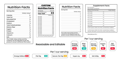 Nutrition & Supplement Facts Labels with Calories, Fats, Sugar, Salts Data Displayed