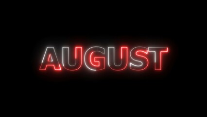 Glowing neon August month text background 4k illustration.