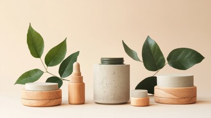 Natural Skincare Products Display, Beige Background