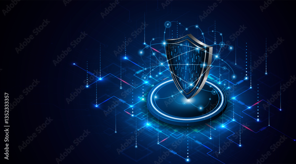 Poster Abstract technology circuit board background with shield symbols concept of data protection and cyber privacy. modern security technology innovation concept background	